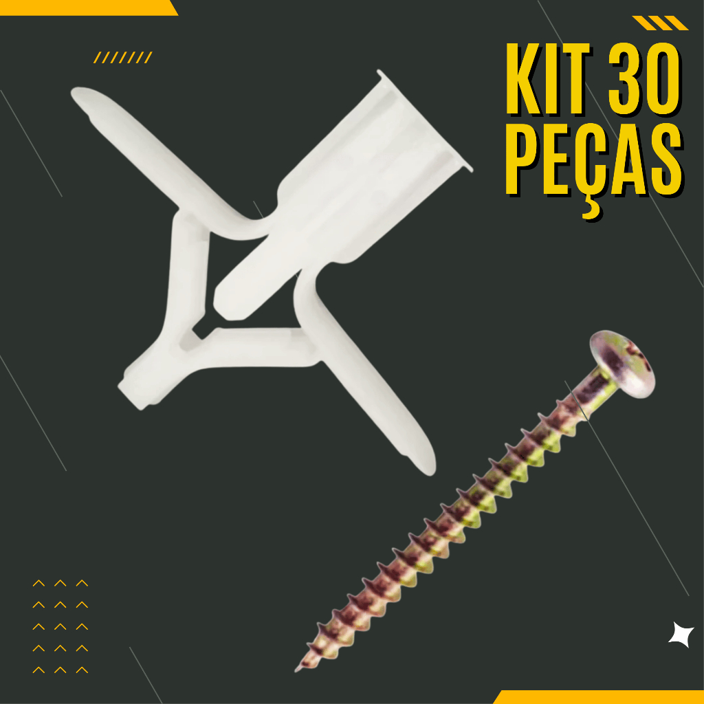 Kit 30 Bucha Drywall Gesso Ancora com Parafuso Profissional Completo Casa Reparo Fixação Painel