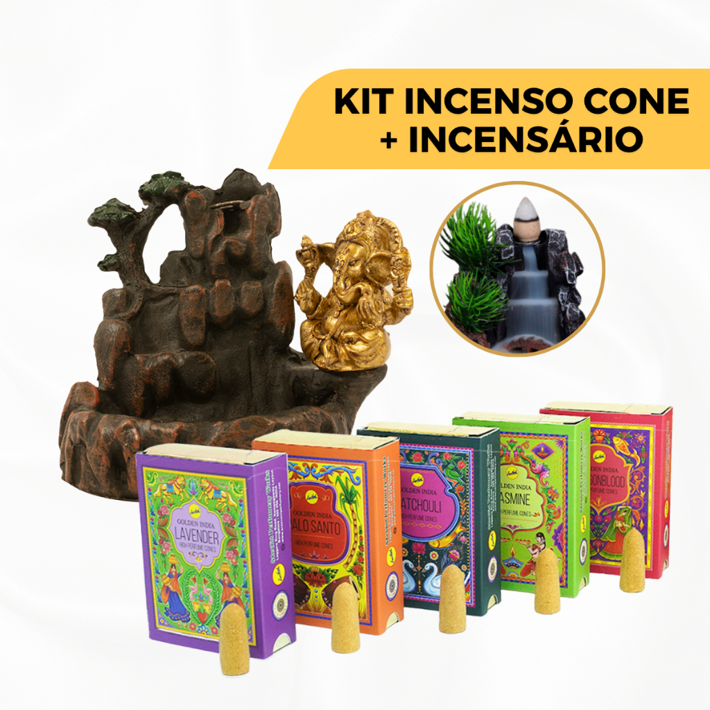 Kit Incenso Cone Golden Índia + Incensário Cascata