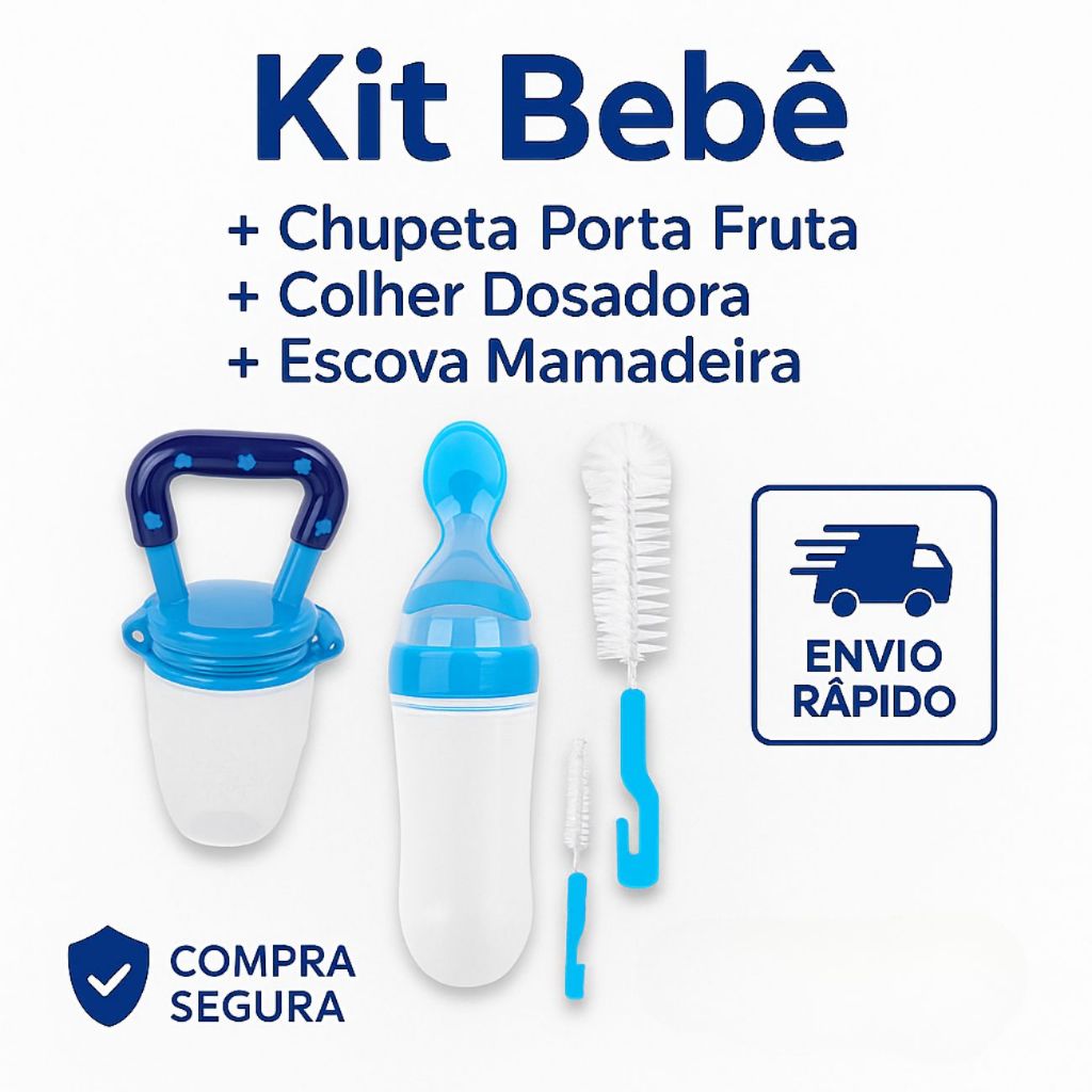 Kit Colher Dosadora Silicone Chupeta Alimentadora Porta Frutas Papinha e Escova de Lavar Mamadeira..