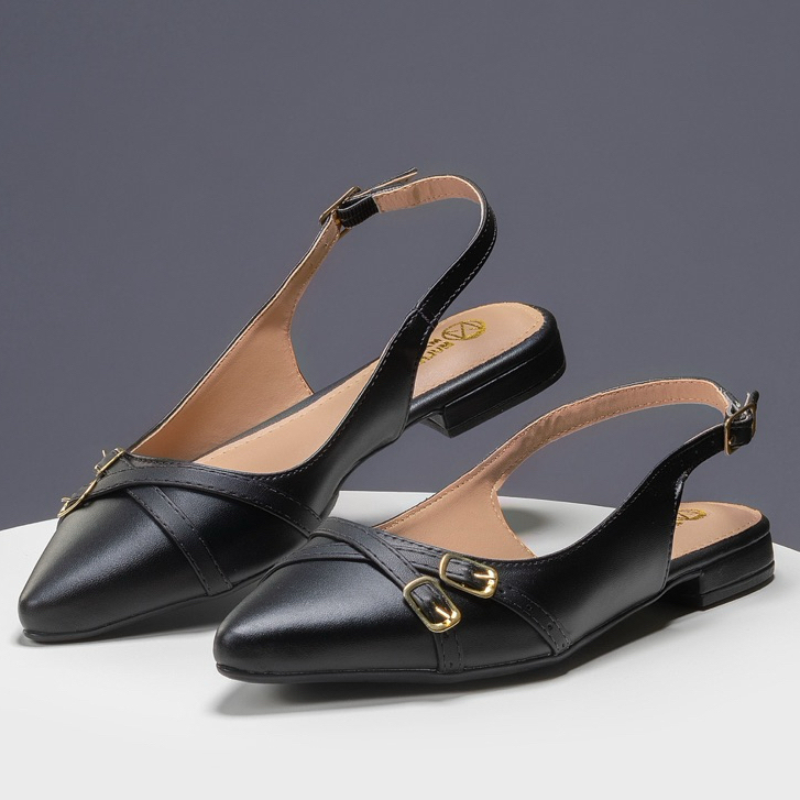 Sandália Slingback Sapatilha Sandália Feminina Salomé Mullet Rasteira Bico Fino Fivela Preto