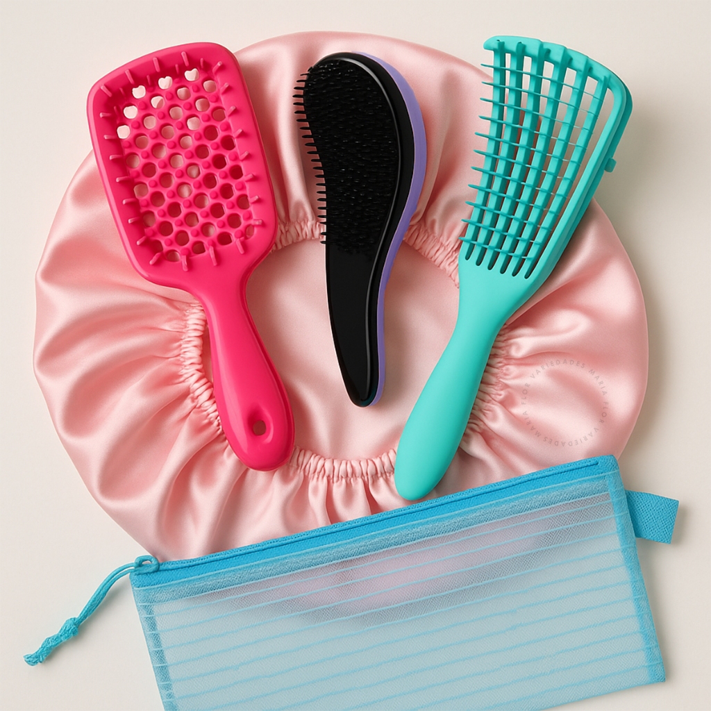 Kit 5 Peças Capilar Escovas Pente de Cabelo Desembaraçadora Anti Frizz + Touca de Cetim e Necessaire