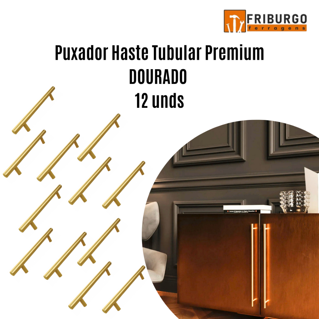 Puxador Haste Tubular Premium DOURADO 12 unidades - italy line - IL814 - Vários TAMANHOS em Oferta na Shopee