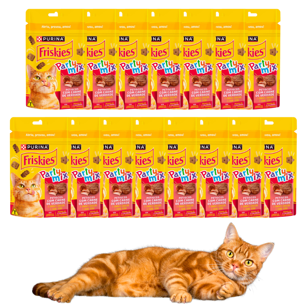 Caixa 15 Petisco Purina Friskies Party Mix Sabor Carne Para Gatos Felinos Adulto e Filhote 40gr em Oferta na Shopee