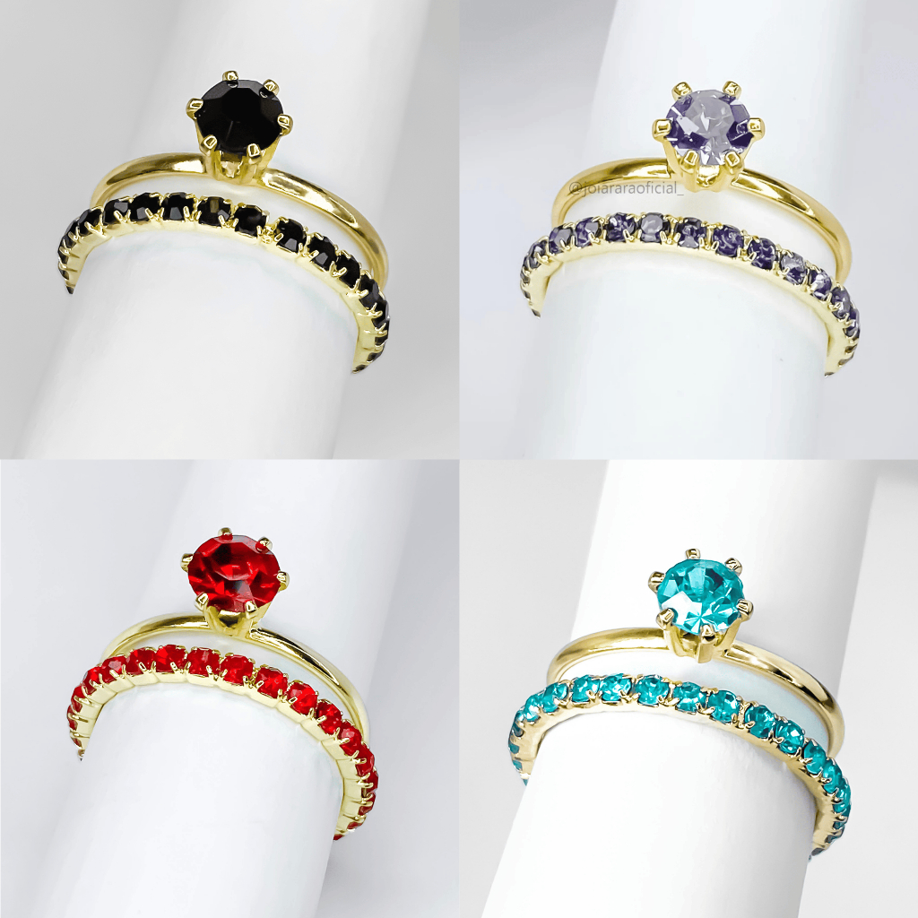 Kit com Dois Anéis Solitário e Aparador de Aliança Lilás, Preto, Turquesa ou Vermelho Banhado a Ouro
