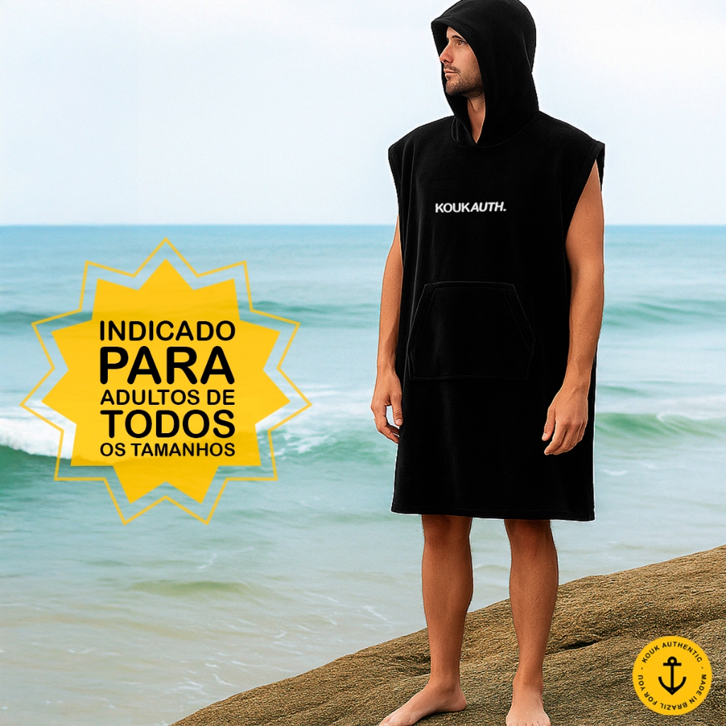 Poncho Atoalhado Adulto Com Capuz Kouk Authentic Ideal Para Praia Piscina Surf Trocar Roupa Unissex