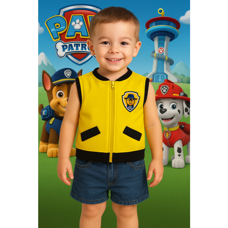 FANTASIA INFANTIL FESTAS COLETE PATRULHA CANINA RUBBLE AMARELO - PARA OS MENINOS