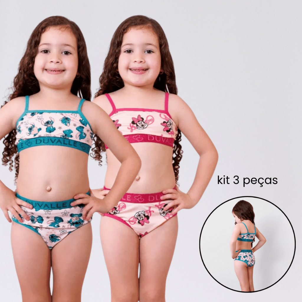 Kit 3 Top Calcinha Infantil Bebê Menina Estampada Conjunto Juvenil Adolescente Sutiã Básico Criança