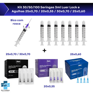 Kit com 30/50/100 Unidades de Seringa de 3ml Luer Lock Rosca Mais Agulha 25x7 / 30x7 / 20x55 em Oferta na Shopee