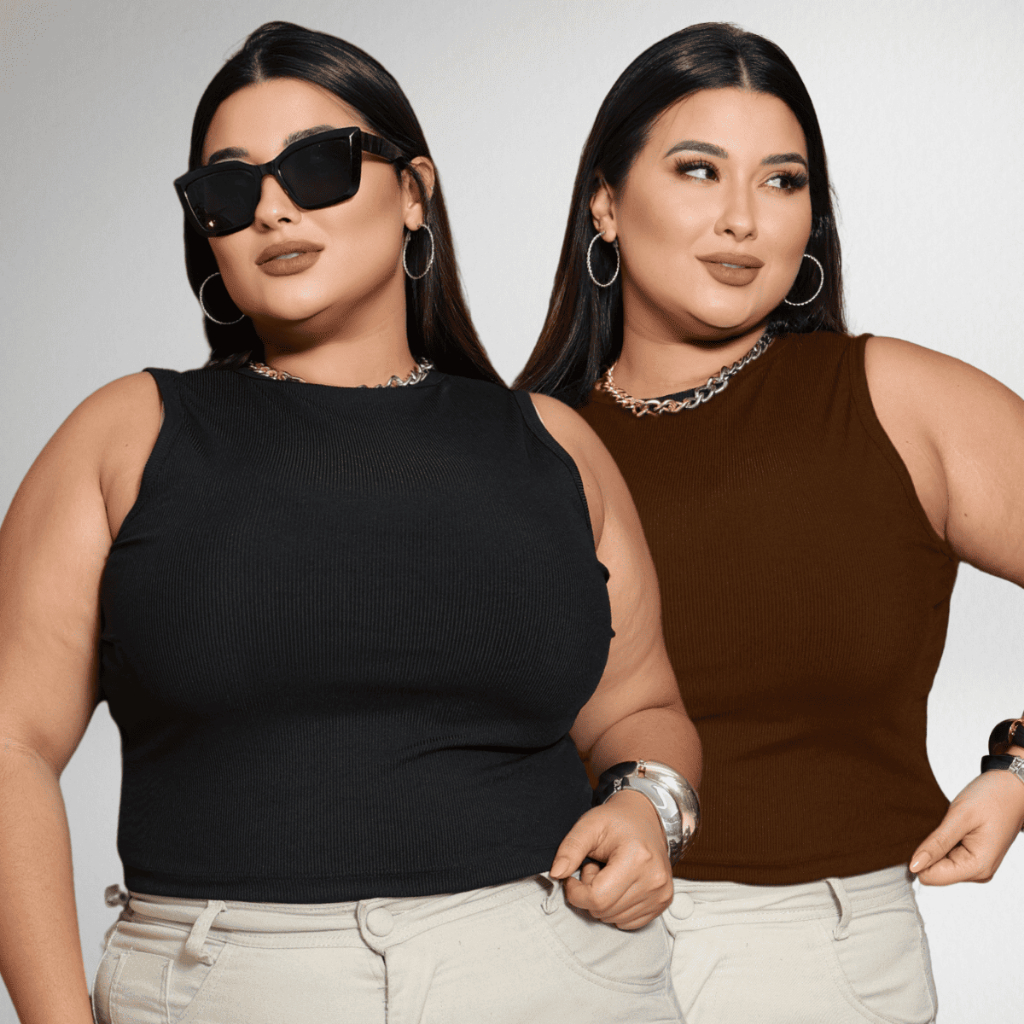 Kit 2 Blusa Feminina Plus Size Cropped Regata Ribana Casual Estilosa