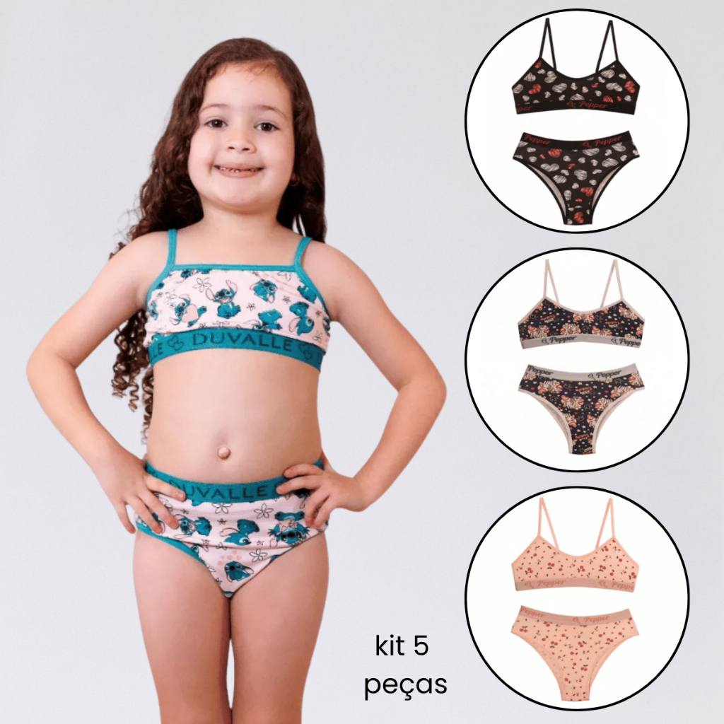 Kit 5 Top Sutiã e Calcinha Infantil Bebê Menina Estampada Conjunto Juvenil Adolescente Cropped Básico Moça