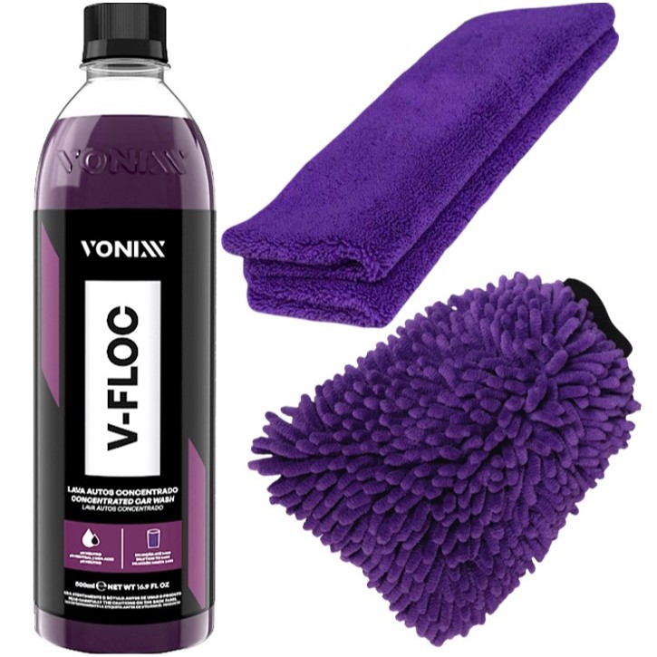Kit Shampoo Automotivo 500ml V-floc + Luva + Microfibra