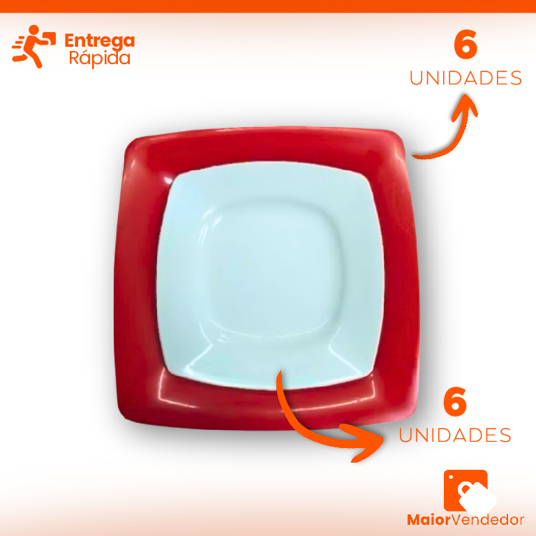 Kit 12 Pratos 06 Refeição Quadrado Vermelho 06 Sobremesa Quadrado Branco em Oferta na Shopee
