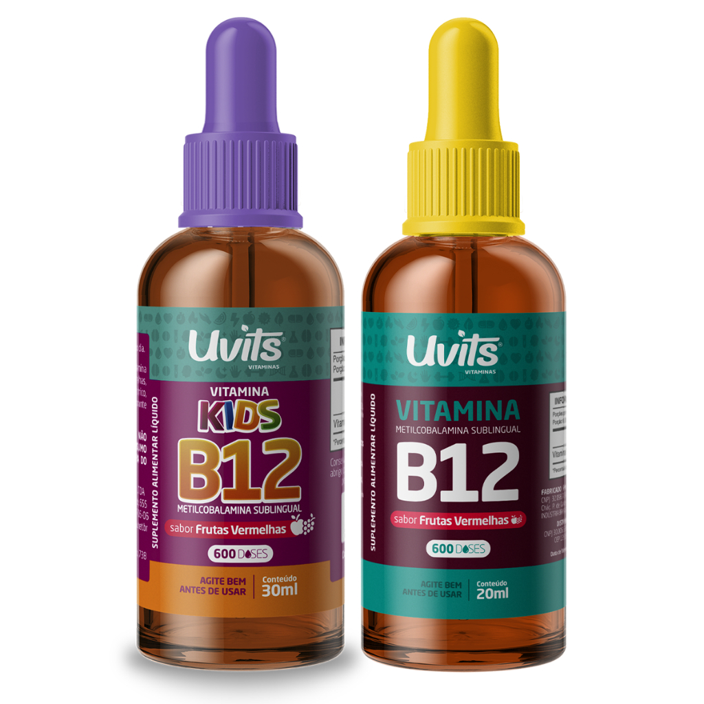 Kit Vitamina Metilcobalamina B12 LIquida 20ml e B12 Kids Liquida 30ml Sabor Frutas Vermelhas - Uvits