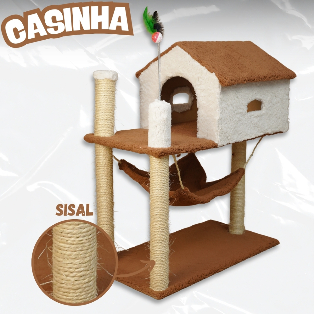 Casinha Para Gato 2 Andares com Arranhador e Brinquedo