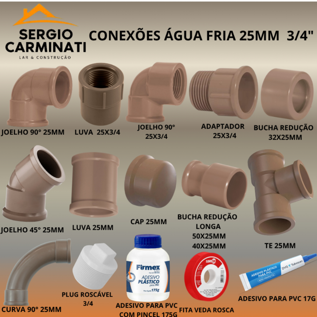 Conexões Tubo PVC 25MM Marrom Água Joelho 45° e 90°,Curva,Te,Luva,Adaptador,Luva LR,Bucha de Redução