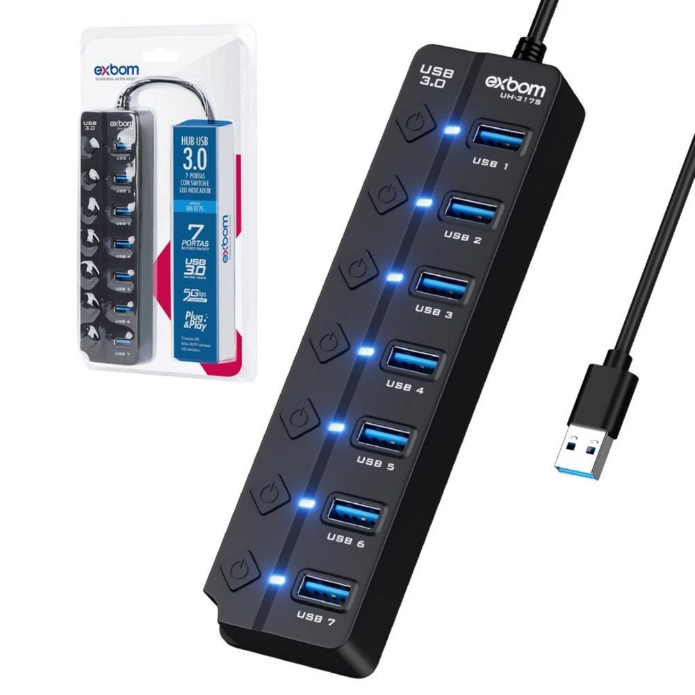 Hub de Expansão USB 3.0 7 em 1 com Interruptores Liga e Desliga UH-317S EXBOM