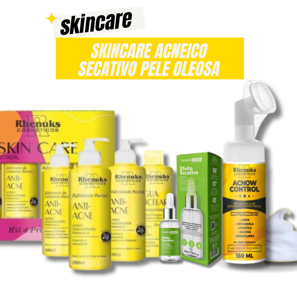 Kit Skincare Anti Acne Renuks + Sérum Secativo 30ml +Mousse Micelar Acnow control 150ml Rhenuks