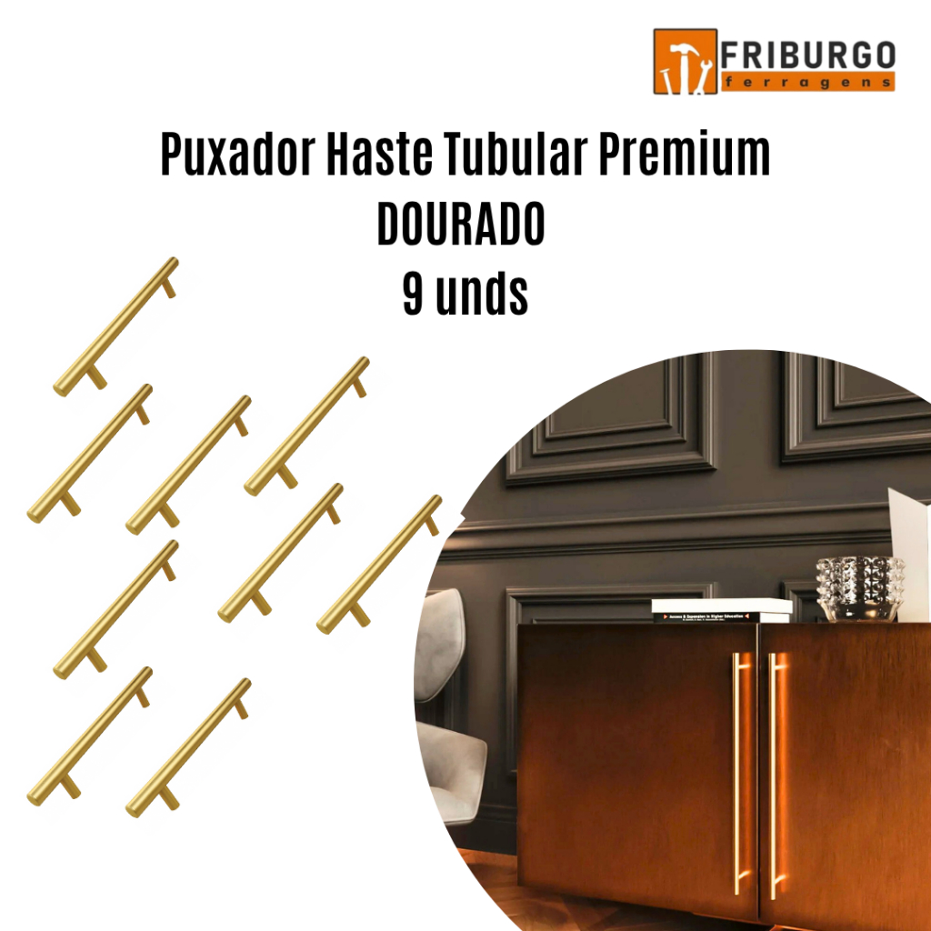 Puxador Haste Tubular Premium DOURADO 9 unidades - italy line - IL814 - Vários TAMANHOS