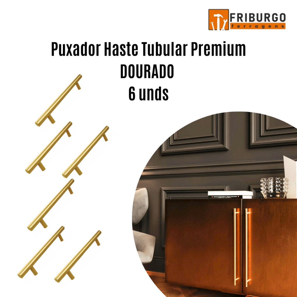 Puxador Haste Tubular Premium DOURADO 6 unidades - italy line - IL814 - Vários TAMANHOS