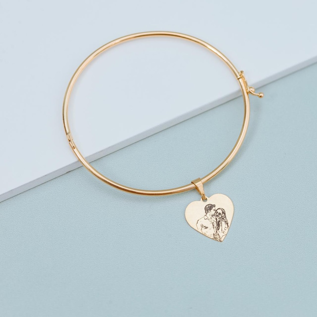 Bracelete pulseira liso algema com pingente personalizado com foto banhado a ouro 18k