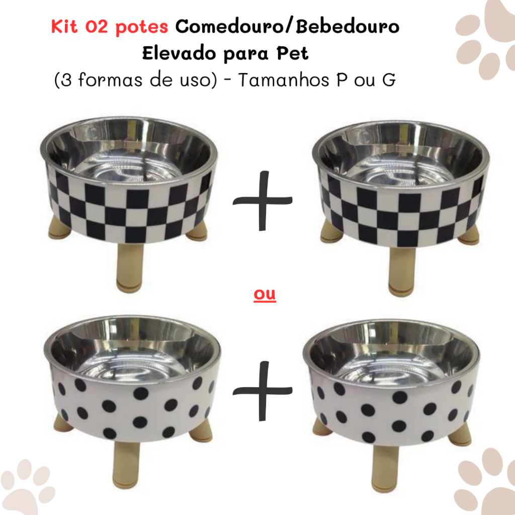 Kit 02 Potes Comedouro ou Bebedouro Pet Elevado/Alto - Tigela Plástica e Inox - Xadrez/Poá em Oferta na Shopee