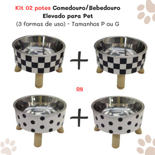 Kit 02 Potes Comedouro ou Bebedouro Pet Elevado/Alto - Tigela Plástica e Inox - Xadrez/Poá em Oferta na Shopee