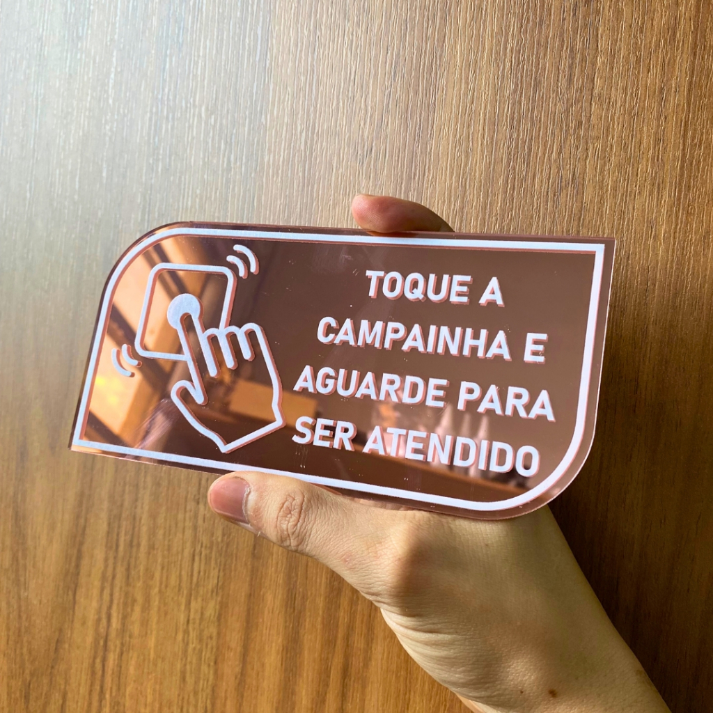 PLACA TOQUE A CAMPAINHA COM DUPLA FACE EM ACRILICO ESPELHADO em Oferta na Shopee