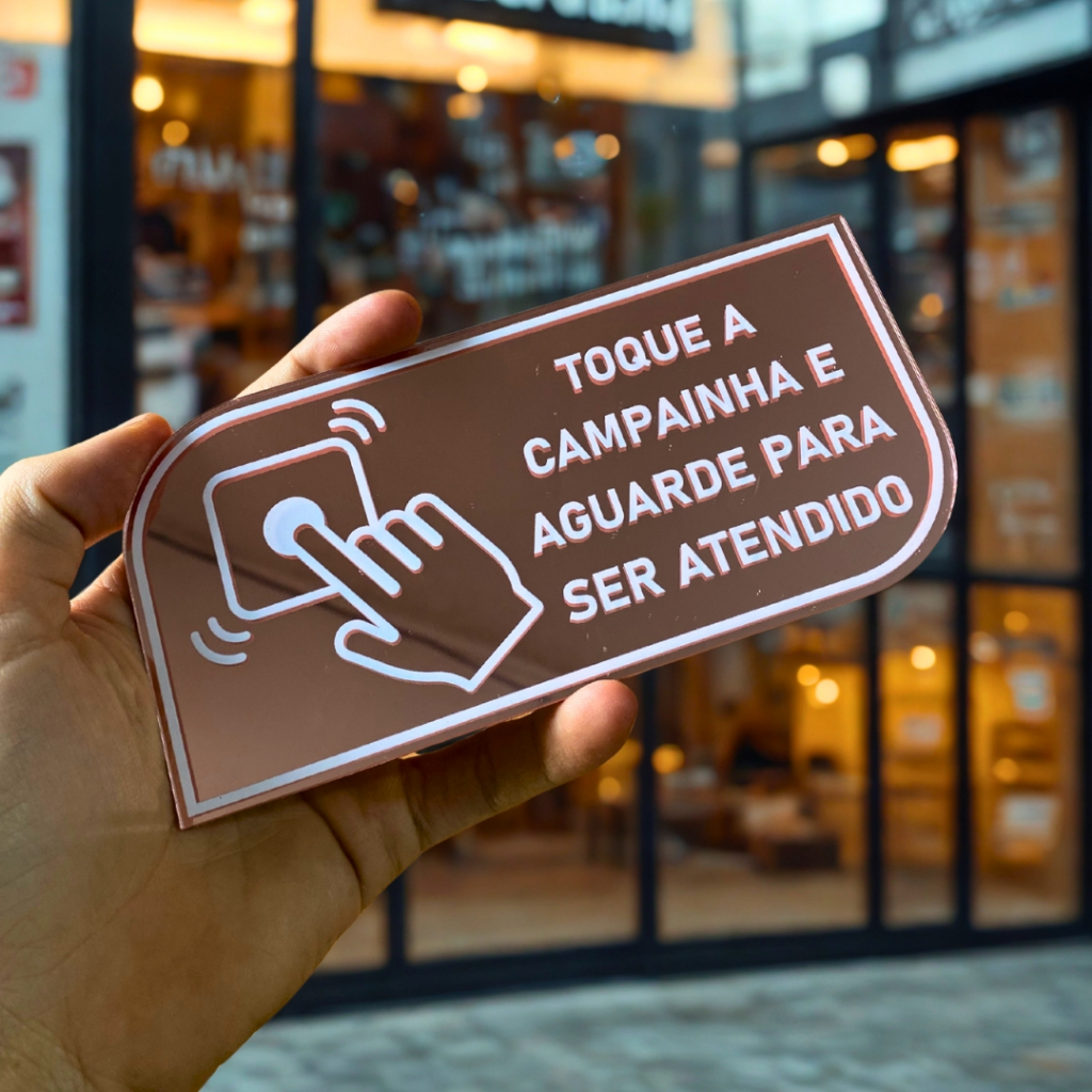 Placa Toque a Campainha Acrílico Espelhado 17x8cm com Fita Dupla Face