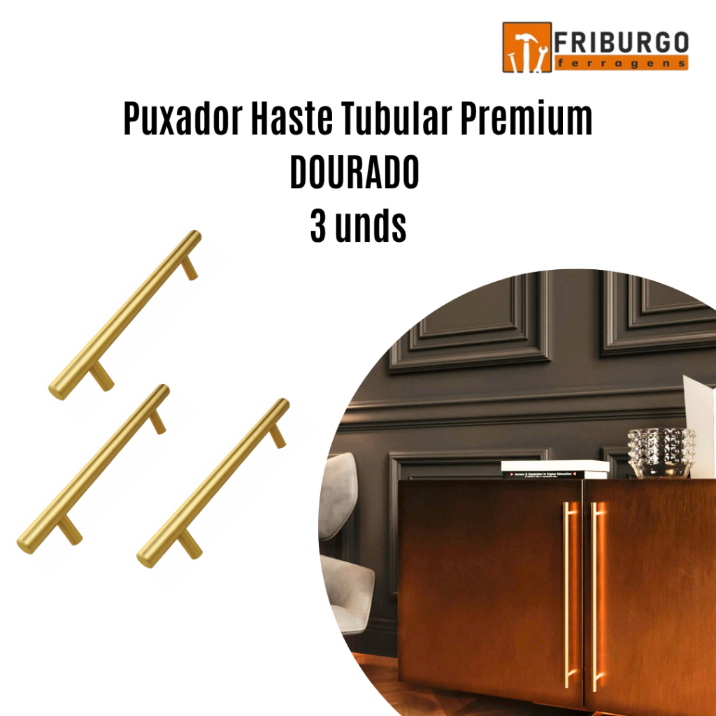 Puxador Haste Tubular Premium DOURADO 3 unidades - italy line - IL814 - Vários TAMANHOS