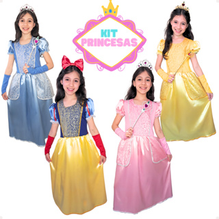 Fantasia de Princesa Menina Luxuoso Vestido Longo de Cetim com Kit Acessórios Luvas Coroa Varinha em Oferta na Shopee
