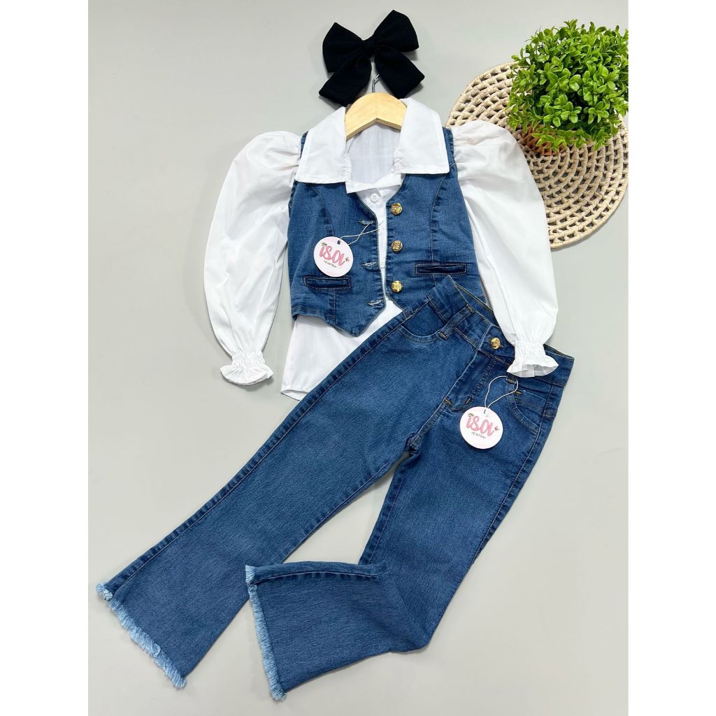 Conjunto Infantil 3 peças Roupa de menina camisa branca e colete + calça flare modinha mini diva lançamento