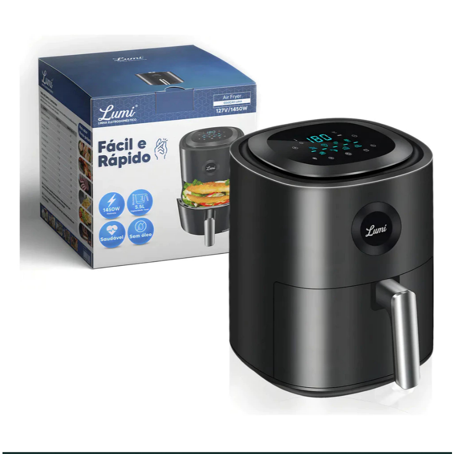Airfryer Lumi Luna 5.5L Digital Inox Fritadeira Sem Óleo Touch Screen Potente Saudável Original