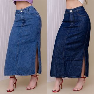 Saia Jeans Feminina Midi Longa Cintura Alta Moda Evangélica Com Abertura Lateral