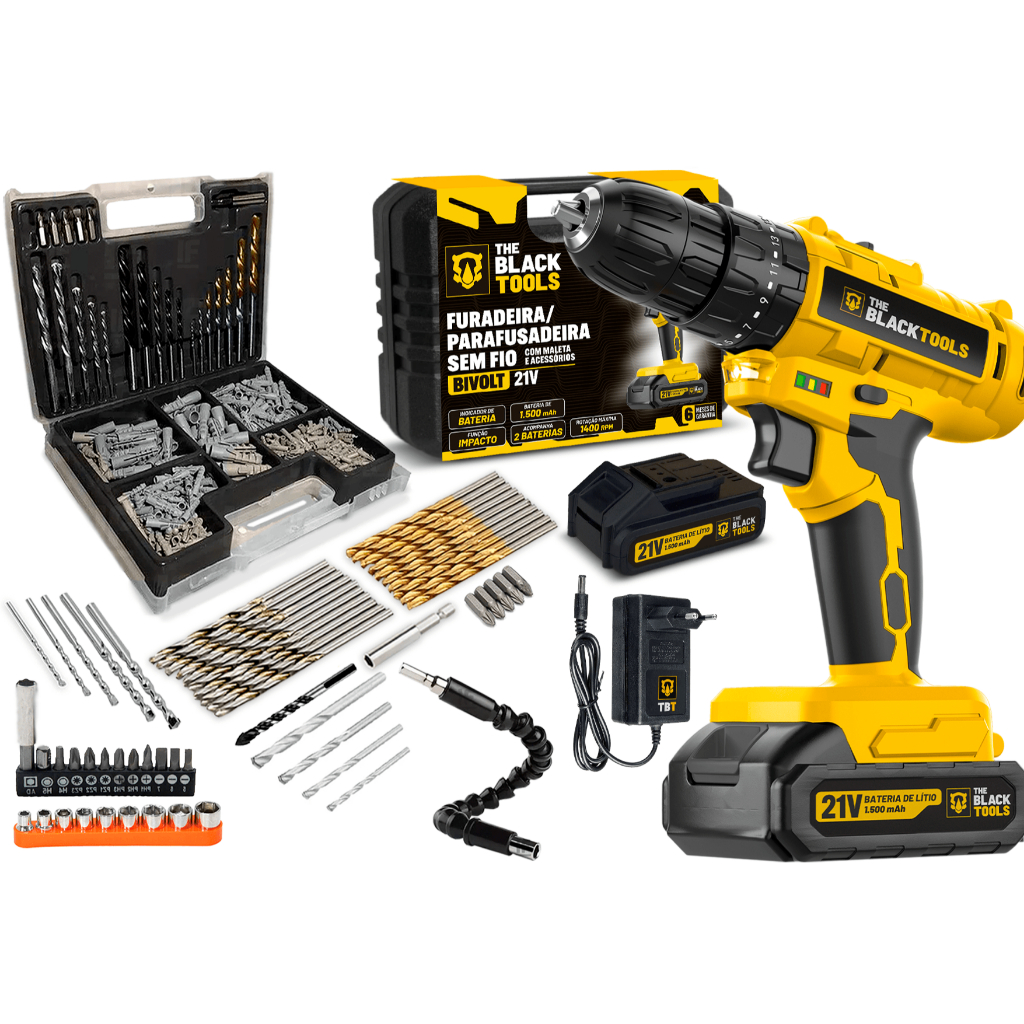 Parafusadeira Furadeira Impacto 21v 02 Bat The Black Tools + Kit De Brocas Bits E Buchas 300 Peças em Oferta na Shopee