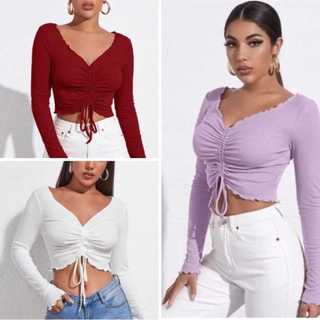 Cropped Feminino decote v ribana Manga Longa Drapeado Gringa  com cordão de amarrar