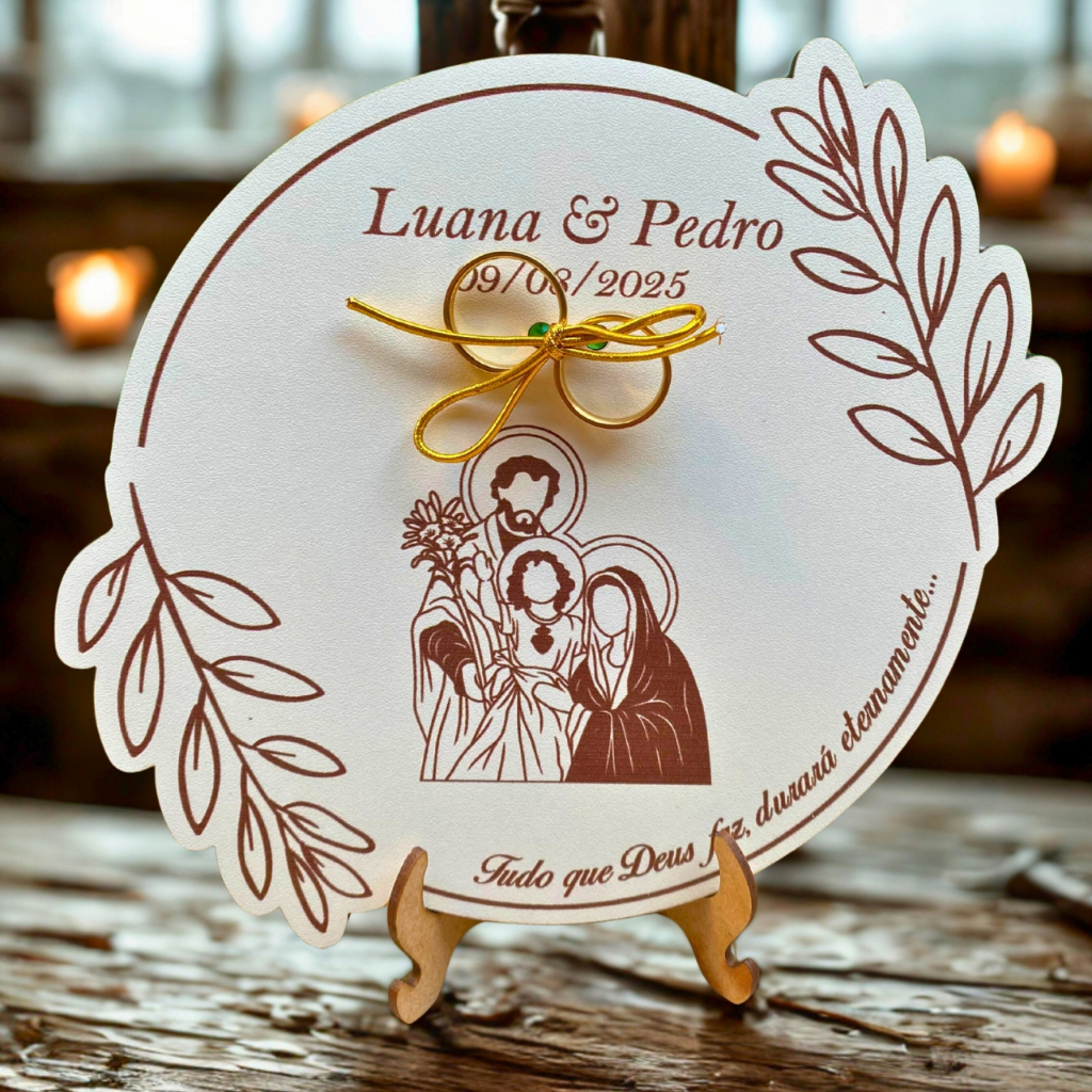 PORTA ALIANÇA PARA CASAMENTO PERSONALIZADO SAGRADA FAMILIA COM SUPORTE em Oferta na Shopee