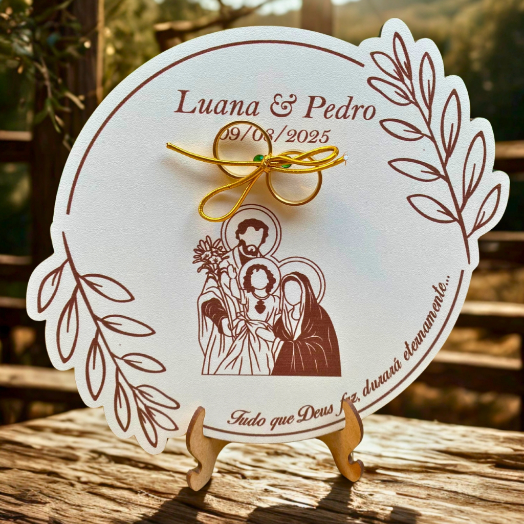 PORTA ALIANÇA SAGRADA FAMILIA PARA CASAMENTO PERSONALIZADO COM NOMES