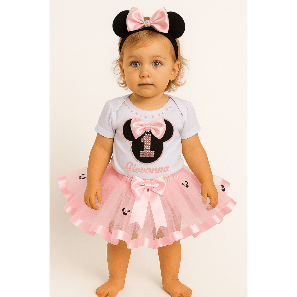 Fantasia Minnie Rosa Saia Tutu E Body e tiara da minie Festa ou mesversario