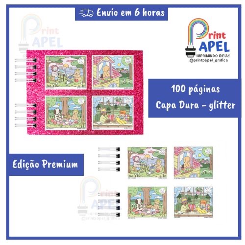 Livro de Colorir Exclusivo 4 em 1 | 100 Pág | Papel 150g | Capa Dura Glitter | Gabarito de Cores