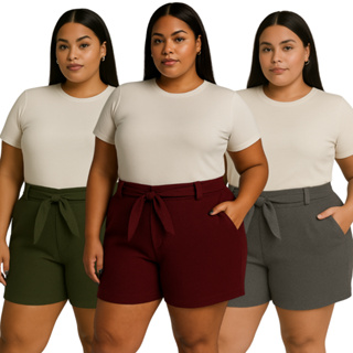 KIT 3 Shorts plus size laço Listrado Liso Feminino Com Cinto em Oferta na Shopee