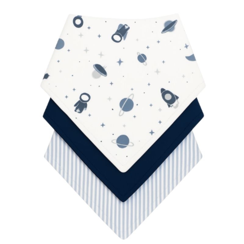Kit com 3 Babador Bandana Bebê Menino 100% Algodão Espaço Azul Marinho