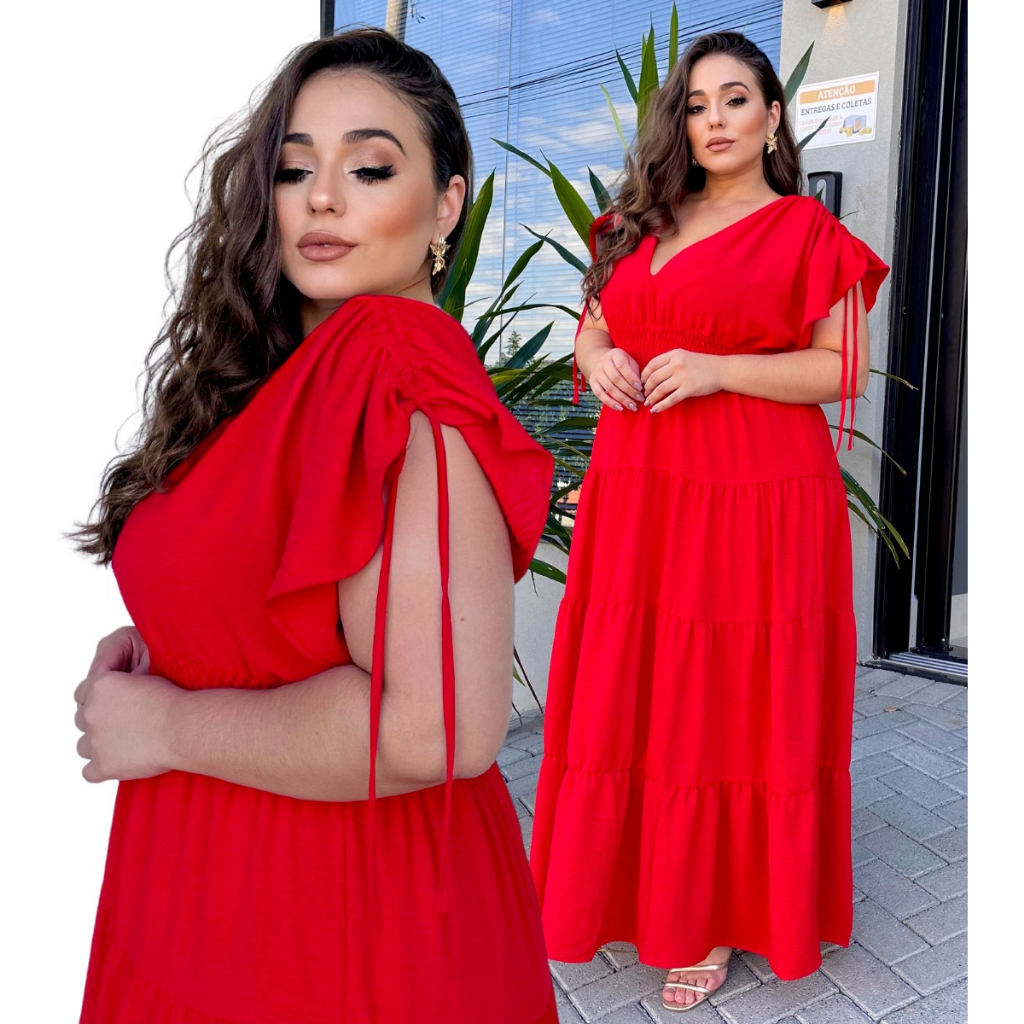 Vestido Longo Evangelico 3 Marias Plus Size Elastico Na Cintura Gola V sem com Manga Linha Premium