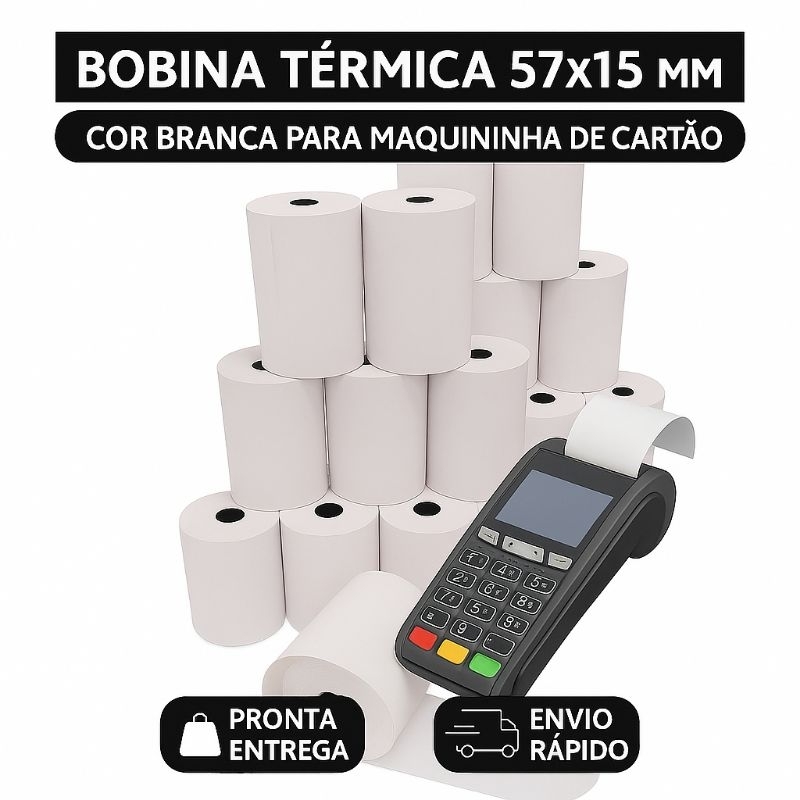 Bobina Térmica 57mm x 15m Branca para Maquininha de Cartão - Impressão Nítida e Sem Atolamento