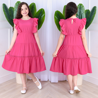 vestido infantil juvenil de borboleta com babado elástico na cintura com forro com renda na saia tecido crepinho em Oferta na Shopee