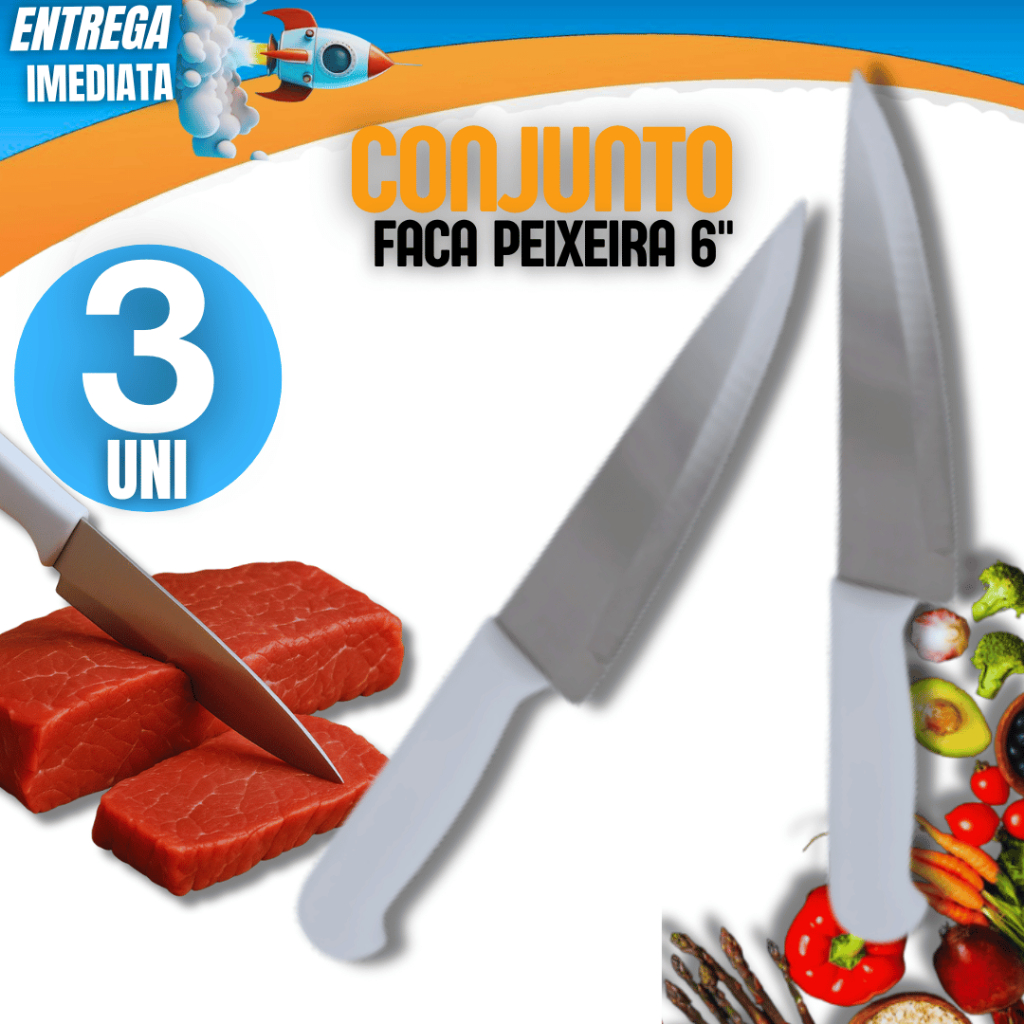 KIT 3 Facas Inox Peixeira Cozinha 6" Polegadas, cabo branco, resistente Linha Premium Versátil Pratico Corte Preciso