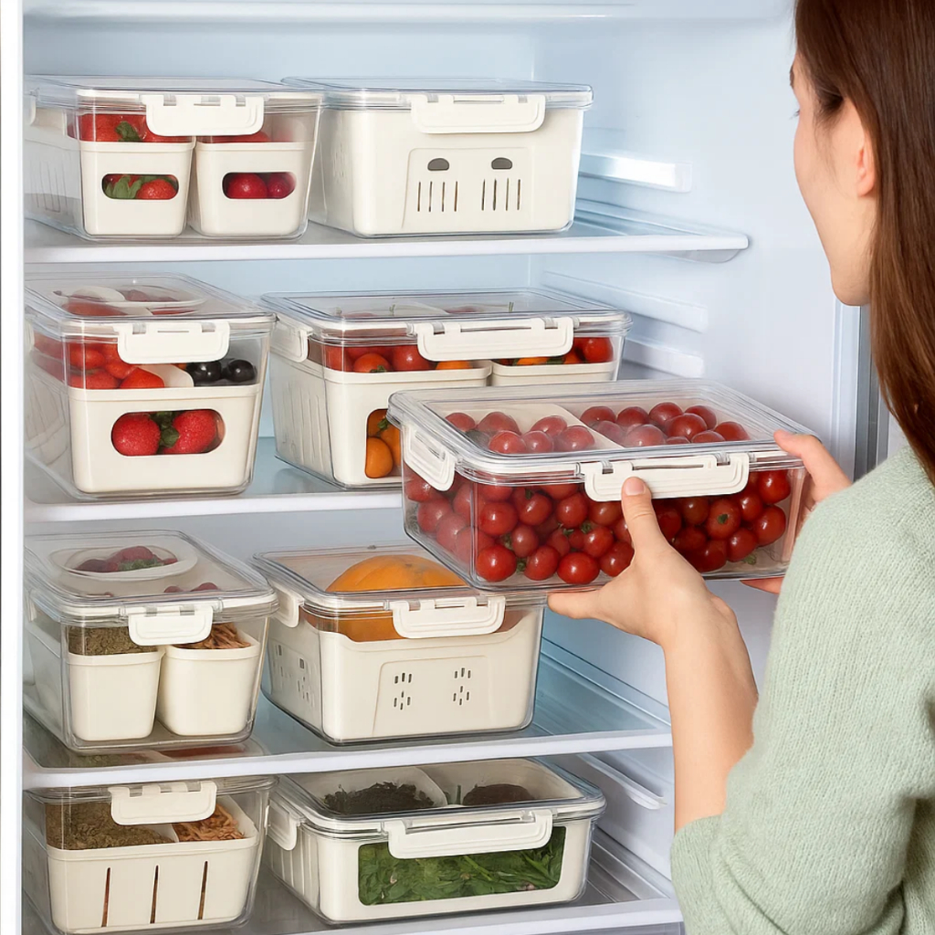 Organizador de Geladeira Kit 4 Potes Com Tampa Cesto Escorredor de Alimentos Vegetais Carnes Legumes