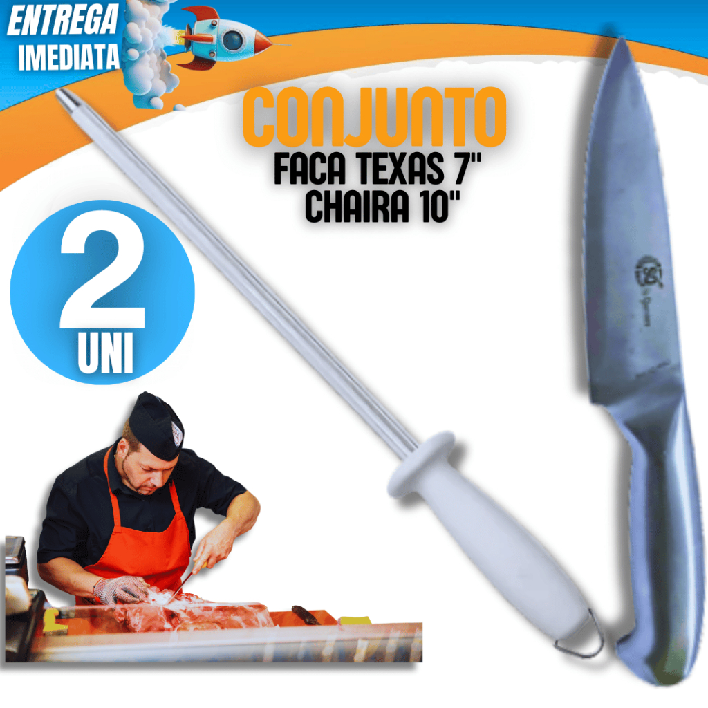 KIT 02 Peças1 Chaira 10" polegadas 1 Faca Peixaria 7" polegadas Peixe Carne Churrasco Variáveis Utilidades Inox Premium