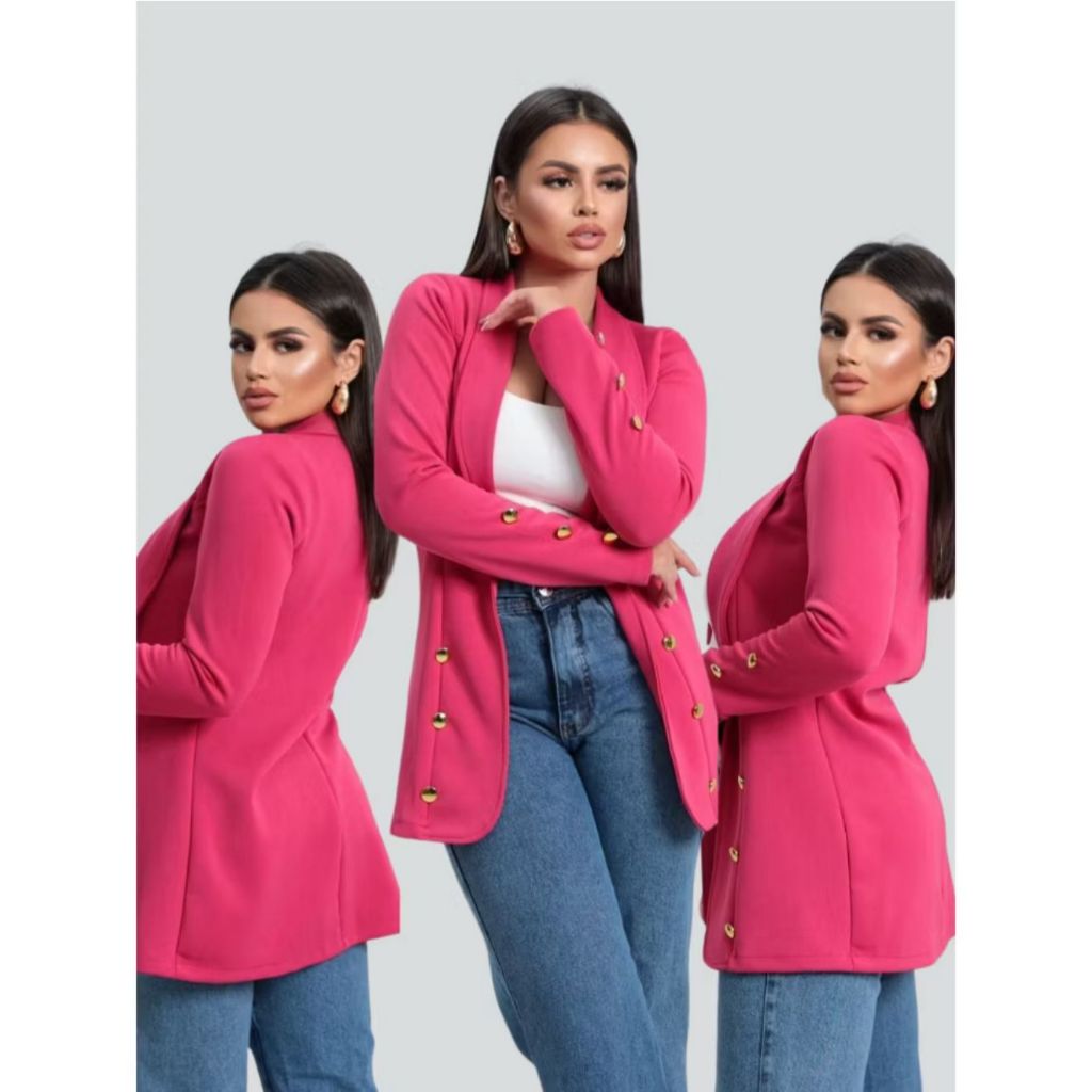 Blazer Feminino Social em Neoprene Alfaiataria com Botões Dourados p ao gg