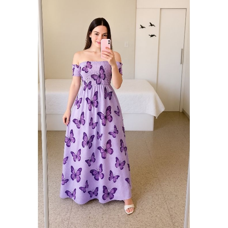 Vestido longo Sem forro, Ciganinha Estampado Ombro a Ombro Com Lastex, Tamanho Único. em Oferta na Shopee