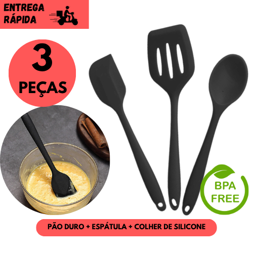 Kits 1 ou 3 Utensílios Silicone Preto Espátula Vazada Pão Duro Colher Cozinha Ideal p Cozinha